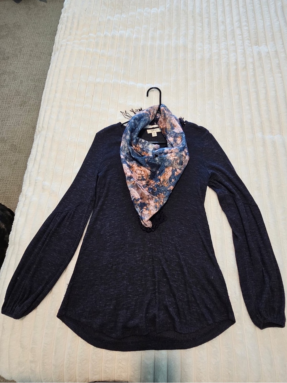 Style & Co. Navy Scoop-Neck Sweater with Blue-Pink Floral Scarf